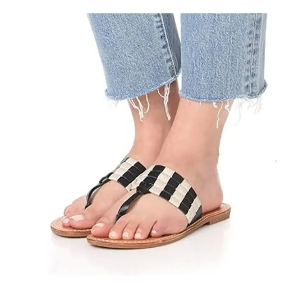 SOLUDOS Women's Multi Cotton Band Black White Thong Sandal Flat Coastal 11